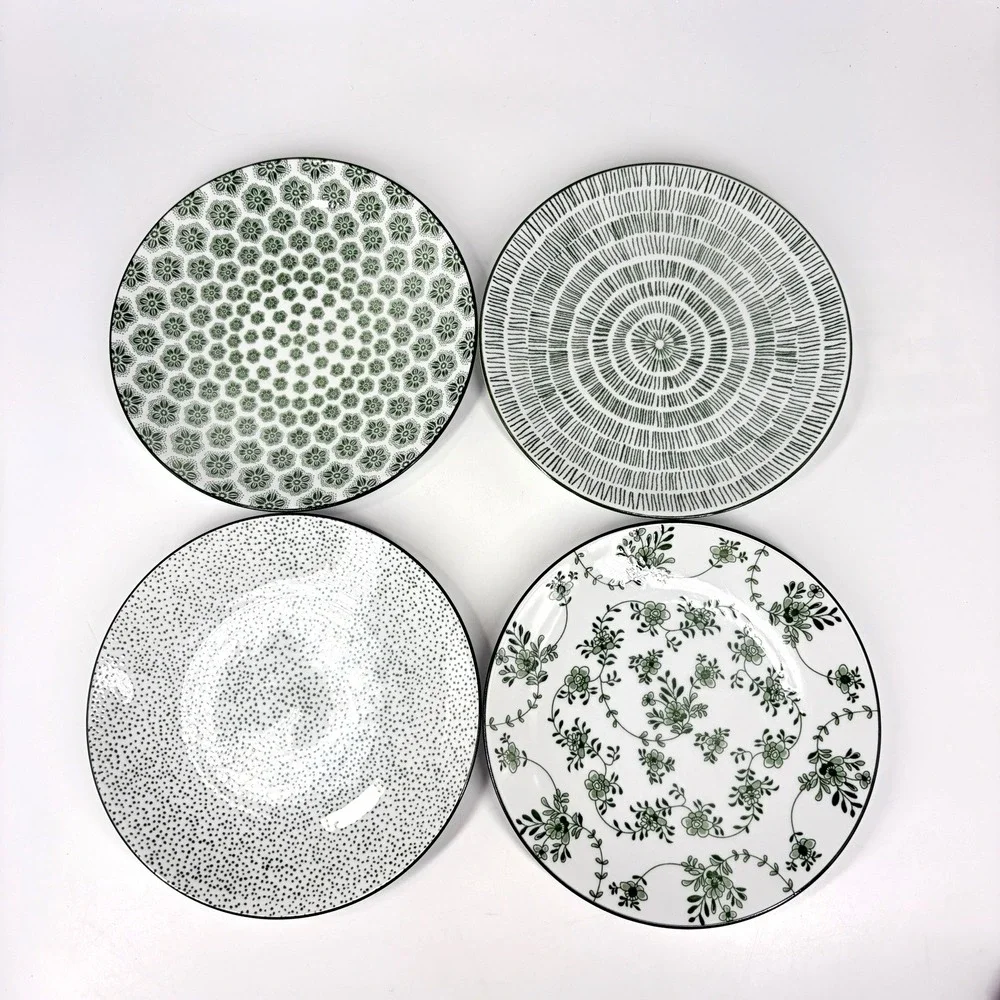 IKEA Entusiasm Mixed Pattern Green Plates Set of 4 Floral Dot Salad Dessert